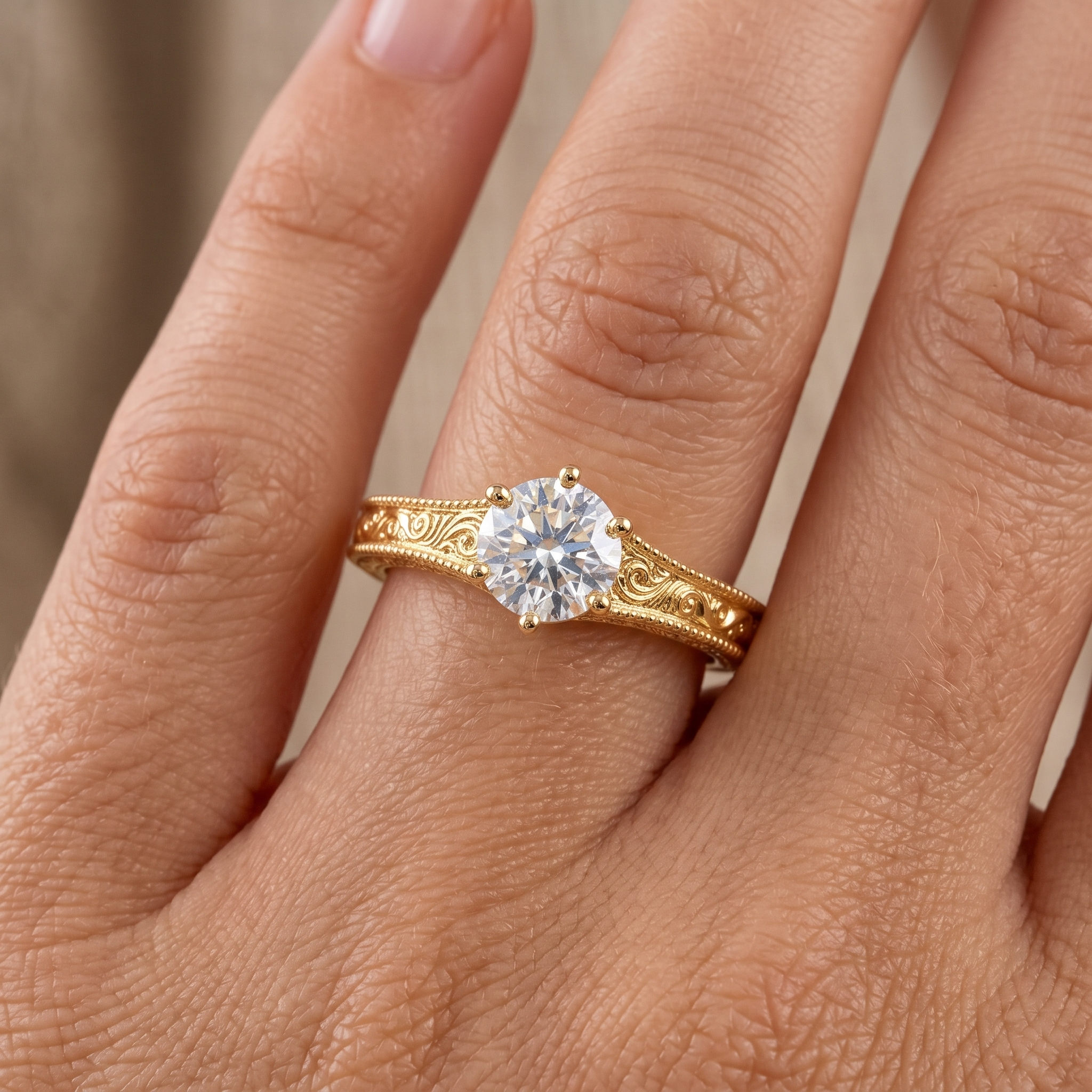 Vintage Art Deco Yellow Gold Engagement Ring, Round Lab Grown Diamond, Milgrain Scroll Design