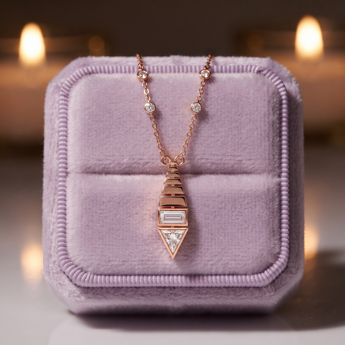 Art Deco Diamond Pendant Necklace, Baguette & Trillion Cut, Minimalist Gold Statement Jewelry