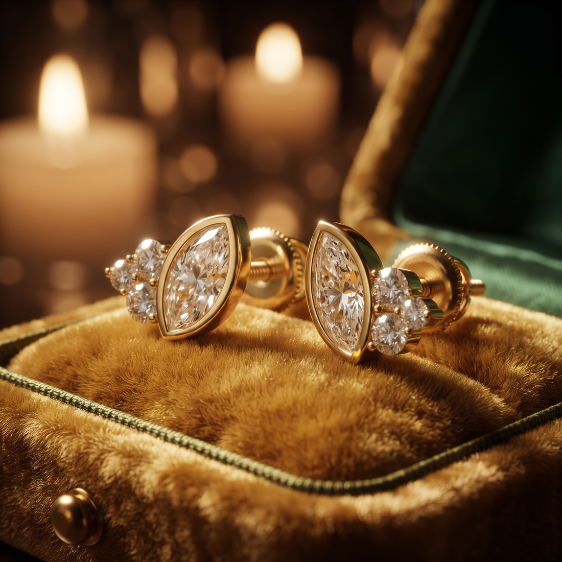 Marquise Round Diamond Cluster Stud Earrings – Geometric 10K/14K/18K Gold Silver