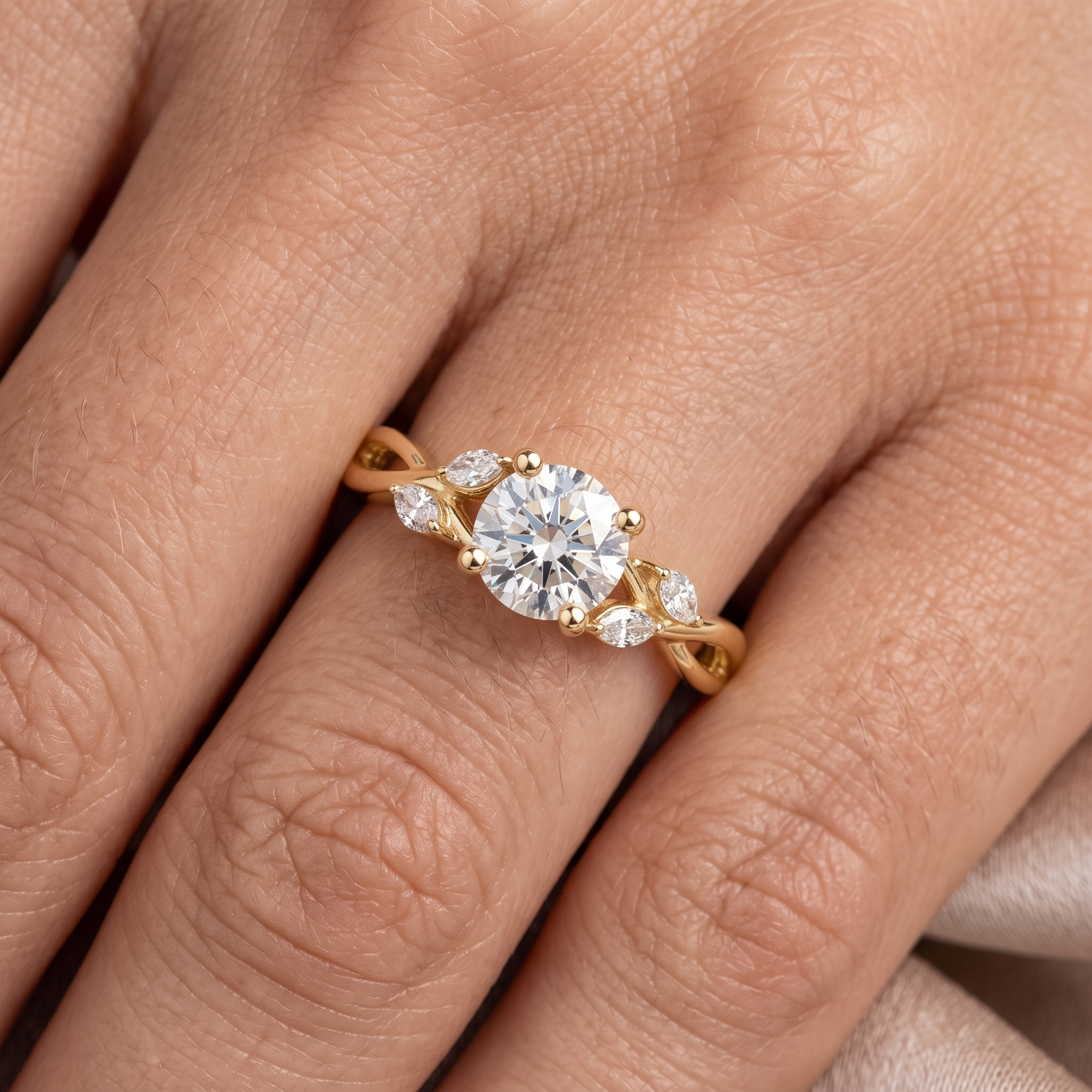 Lab Grown Diamond Engagement Ring Set, Nature Inspired Leaf Vine Design, Curved Wedding Band