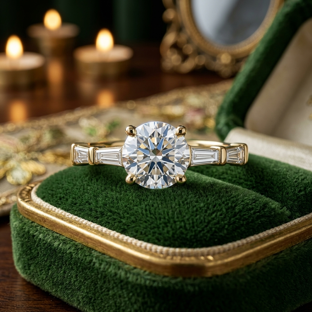 1.00 Carat Round Lab Grown Diamond Engagement Ring, Baguette Accents, Yellow Gold (Customizable)