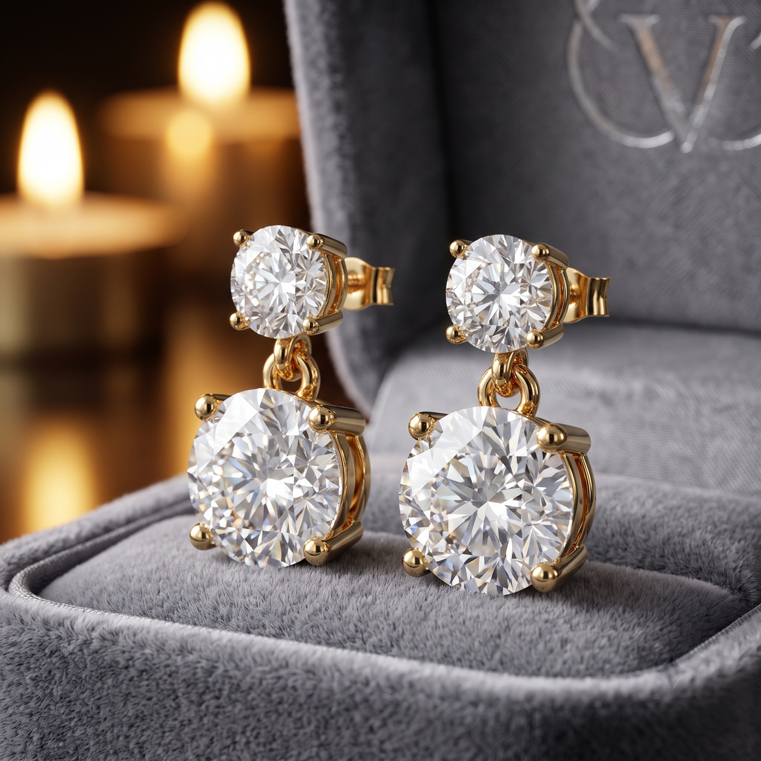 Two Stone Diamond Drop Earrings in 9K To 18K Rose Gold, Gift for Her