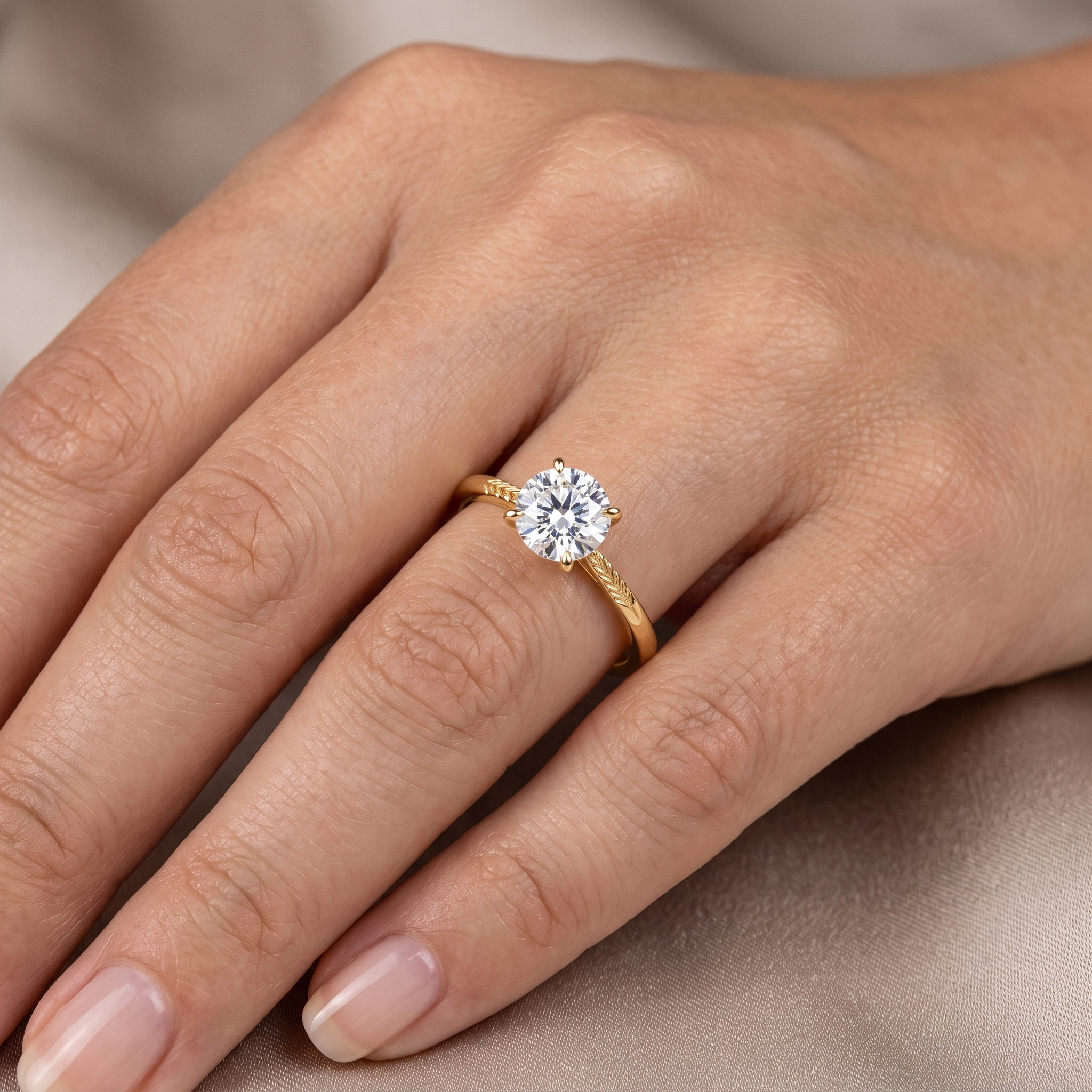 Hand Engraved Wheat Solitaire Engagement Ring, Round Cut Diamond, Nature Inspired Band
