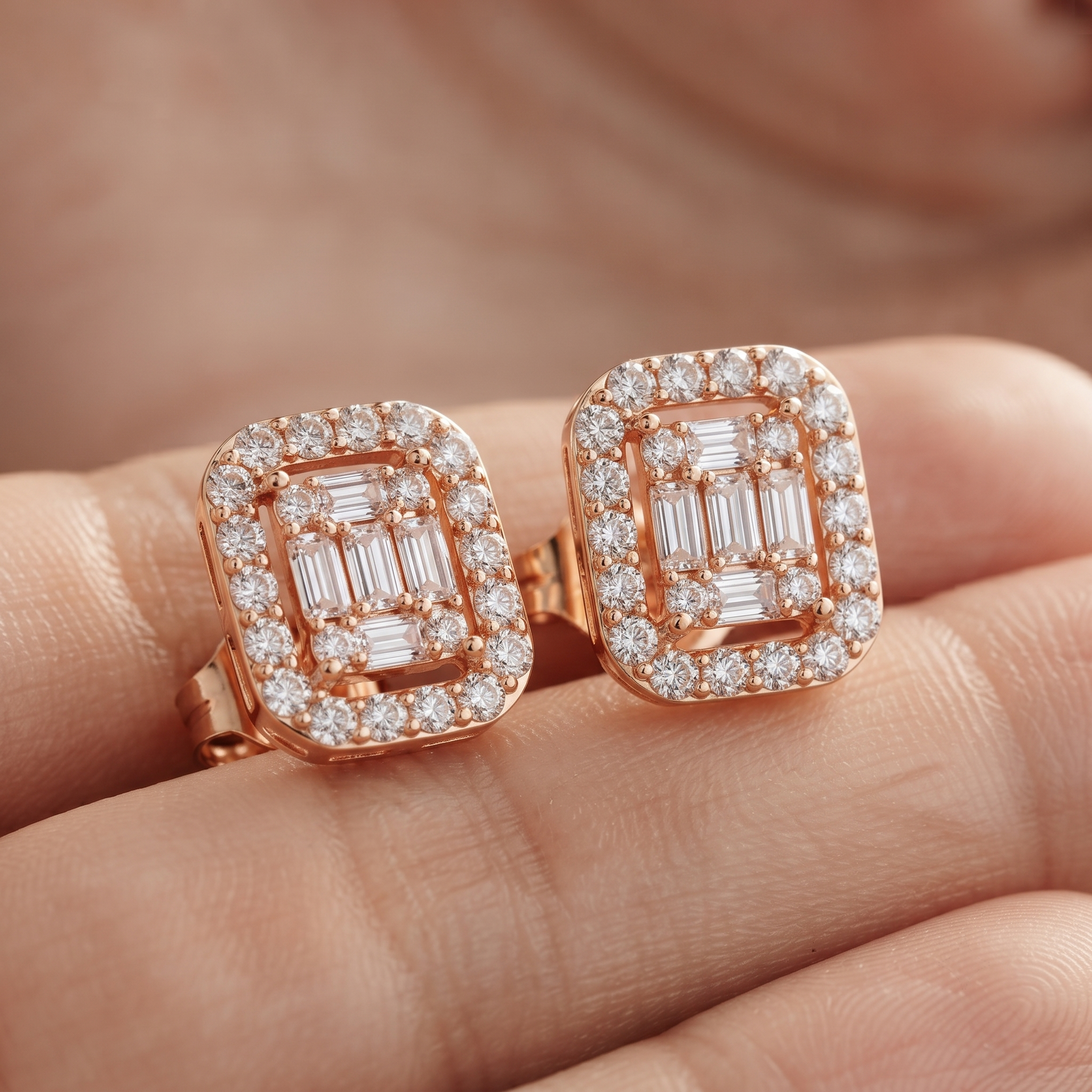 Baguette and Round Diamond Halo Stud Earrings