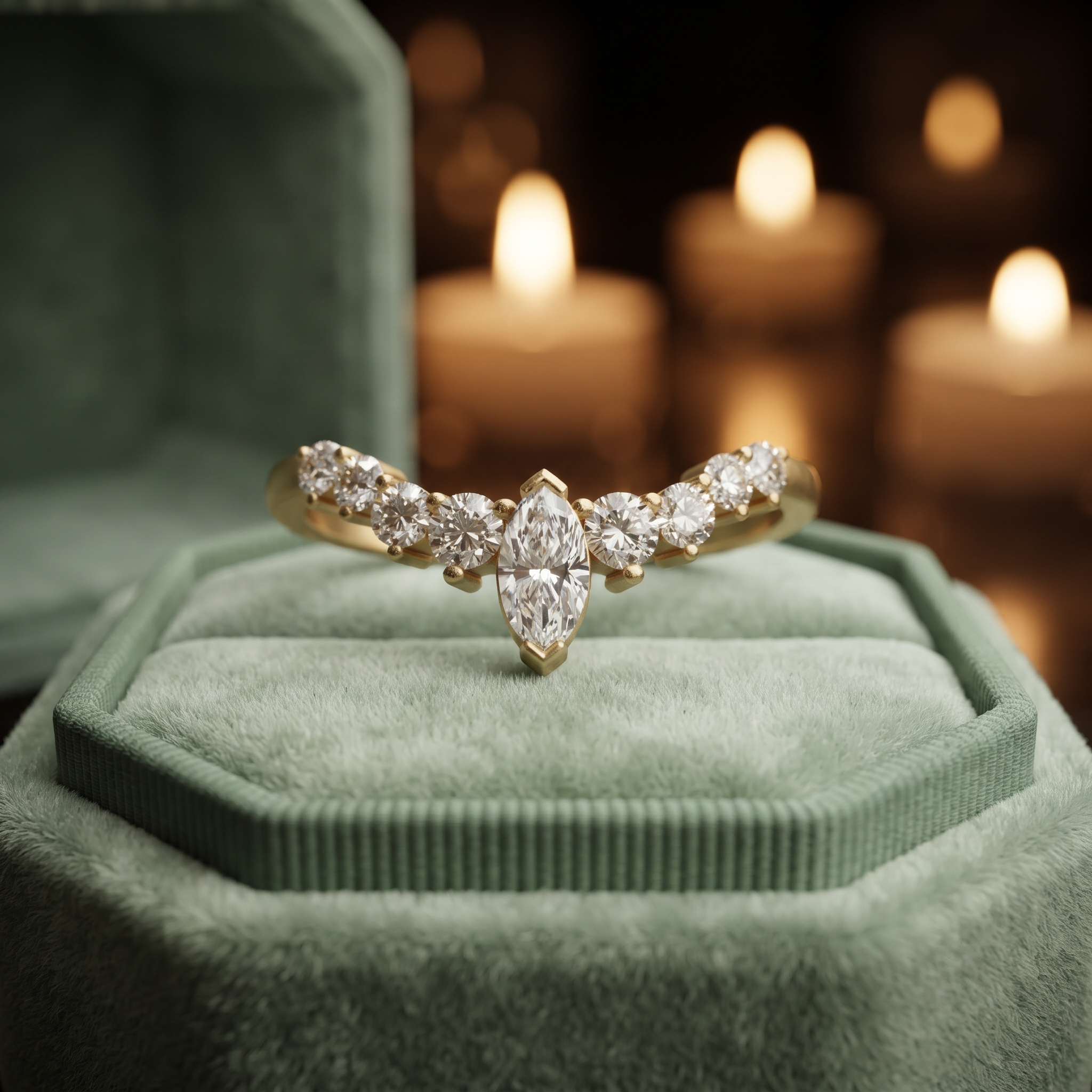 Elegant Marquise & Round Cut Curved Chevron Band In 10K/14K Gold And Sterling Silver