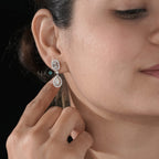 Emerald Cut and Pear Shape Diamond Halo Drop Earrings