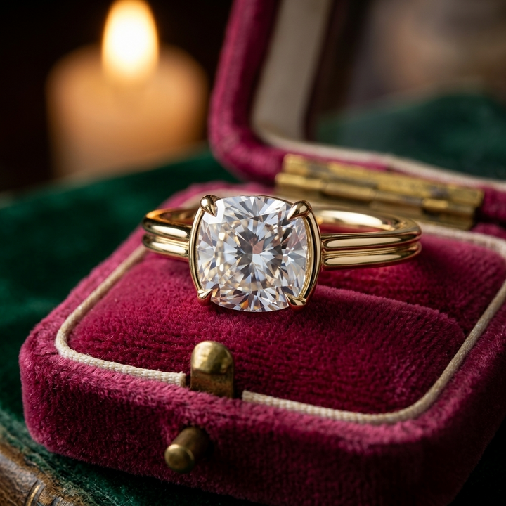 Cushion Cut Lab Diamond Engagement Ring, East West Double Shank Setting