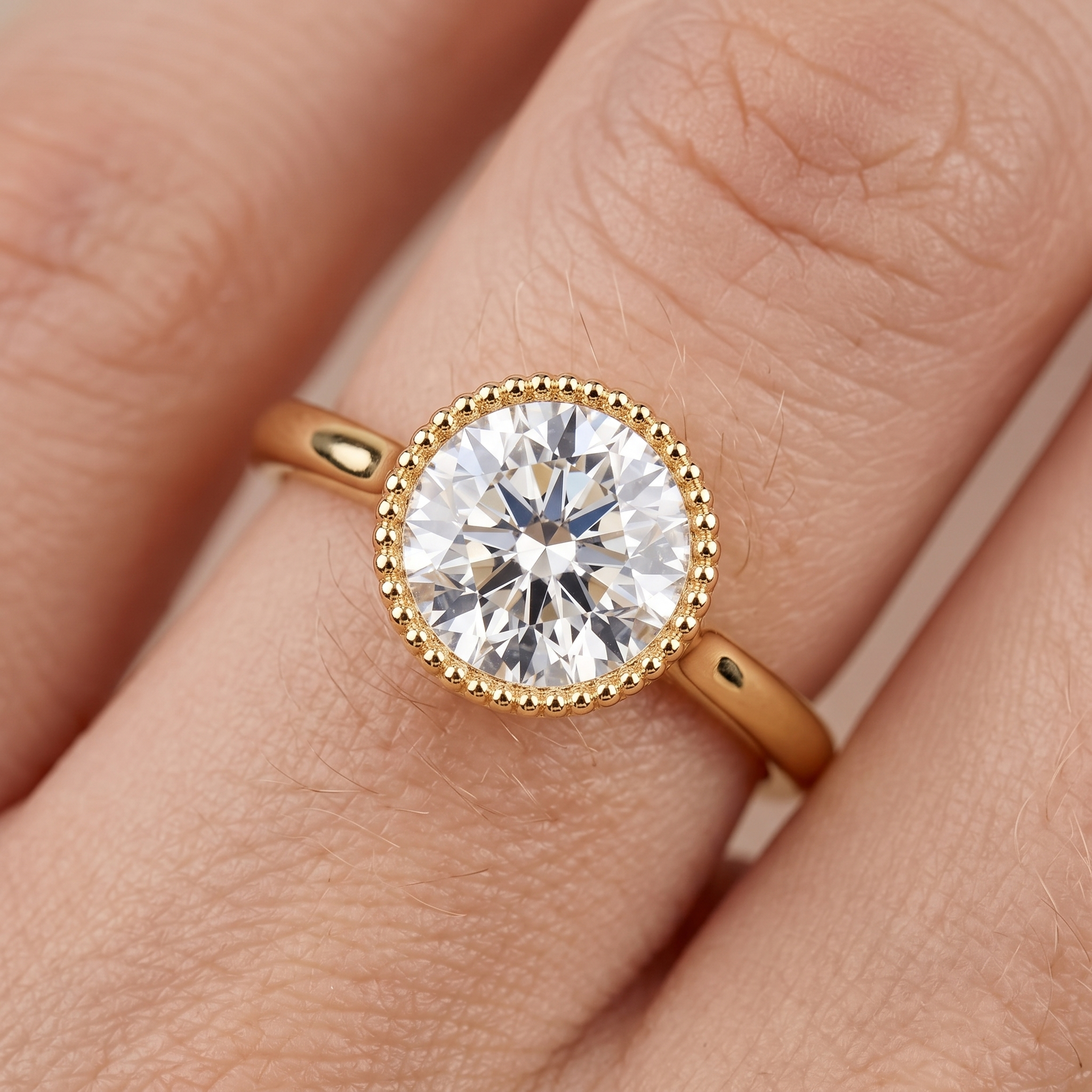 Milgrain Bezel Lab Grown Diamond Ring, Round Cut Solitaire, Solid Gold Engagement Ring