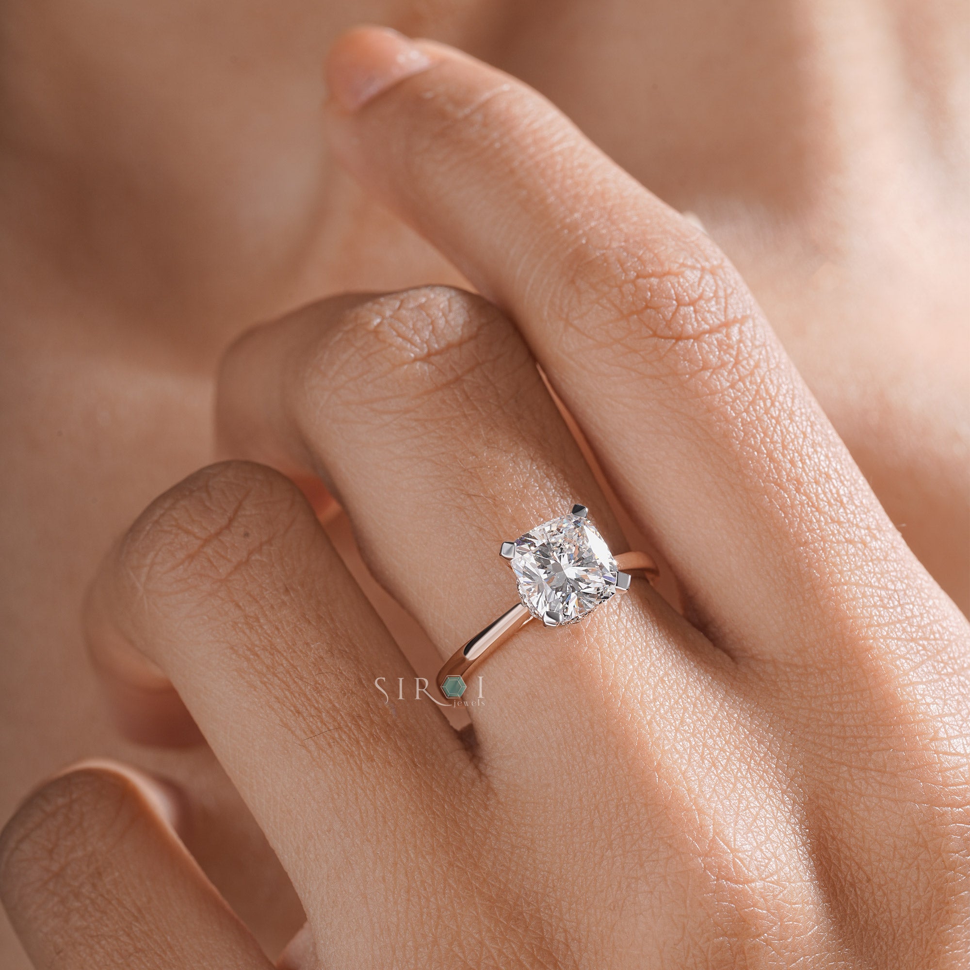 Cushion Cut Diamond Engagement Ring in Rose Gold with Hidden Halo