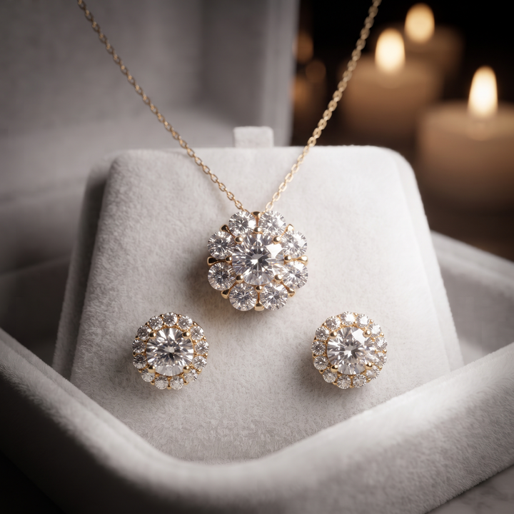 Floral Diamond Halo Pendant Earrings Set, Bridal Jewelry Gift, Cluster Necklace Set