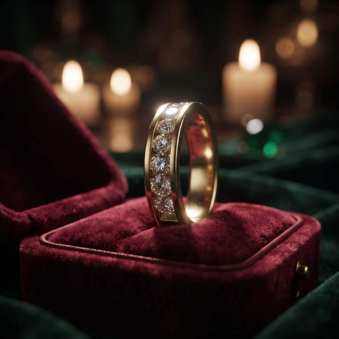 Diamond Channel Set Wedding Band: 9K To 18K Gold Round Diamond Stackable Ring