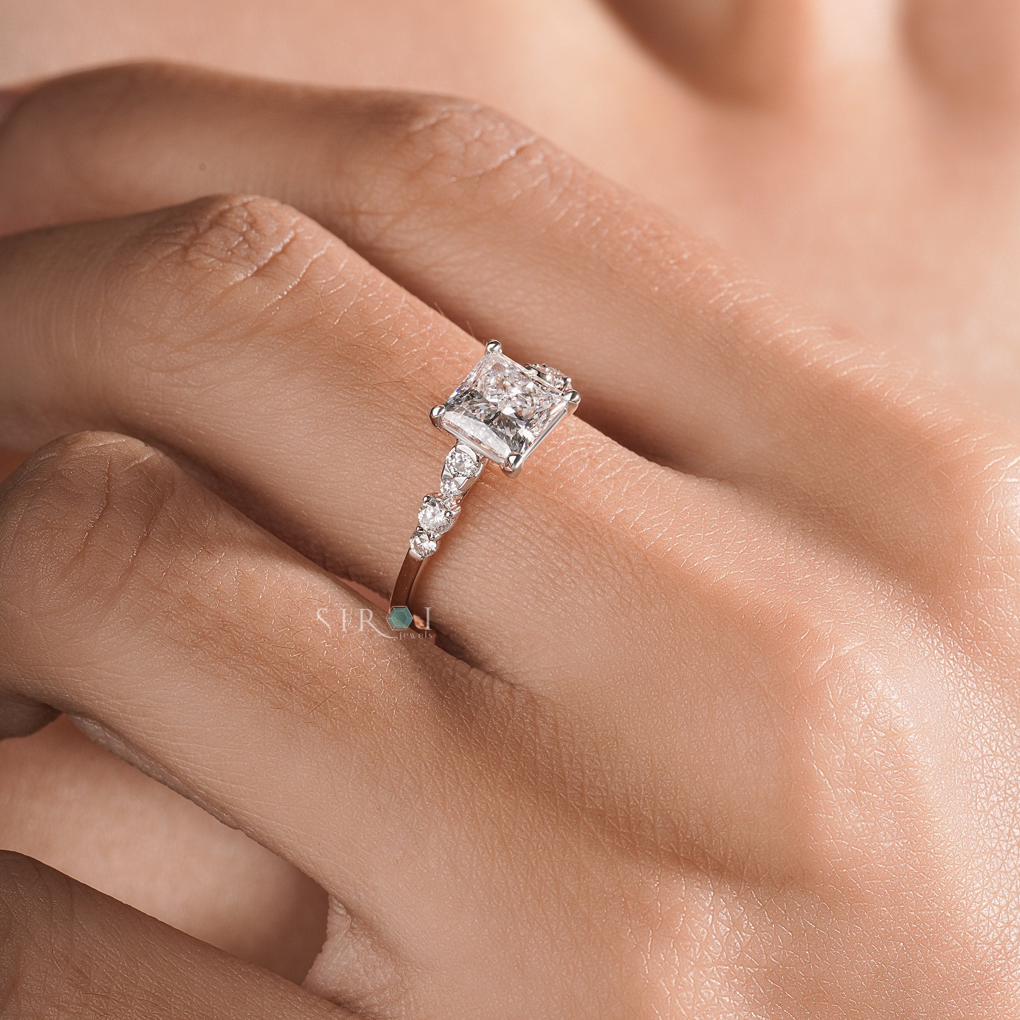 Princess Cut Diamond Engagement Ring with Pave Accents