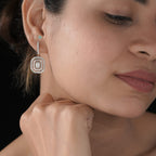 Elegant Double Halo Emerald Cut Diamond Drop Earrings in Rose Gold