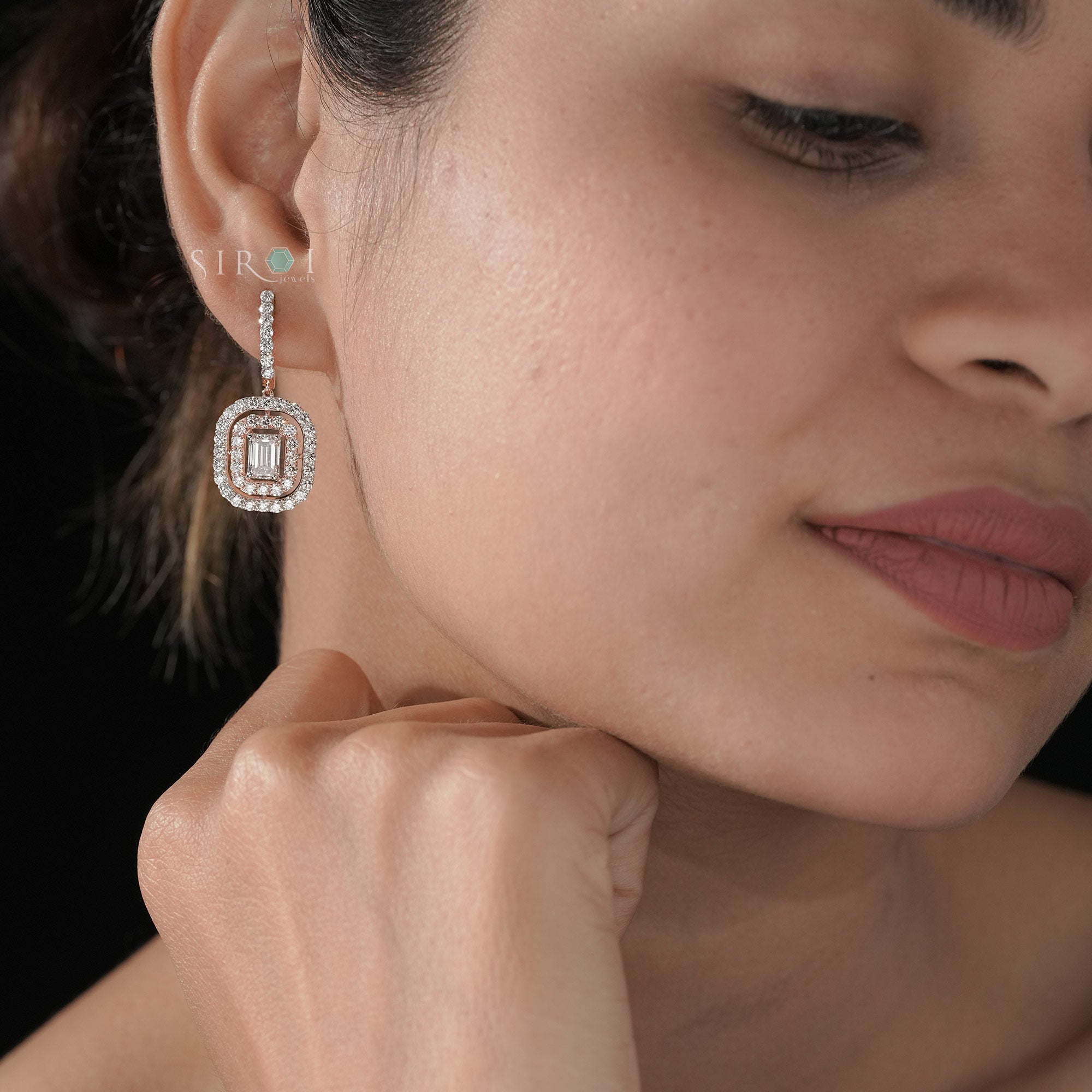 Elegant Double Halo Emerald Cut Diamond Drop Earrings in Rose Gold