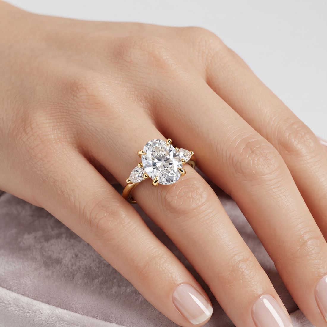 Oval Lab Grown Diamond Ring, 3-Stone Pear Side Stones, Minimalist Gold Engagement Ring