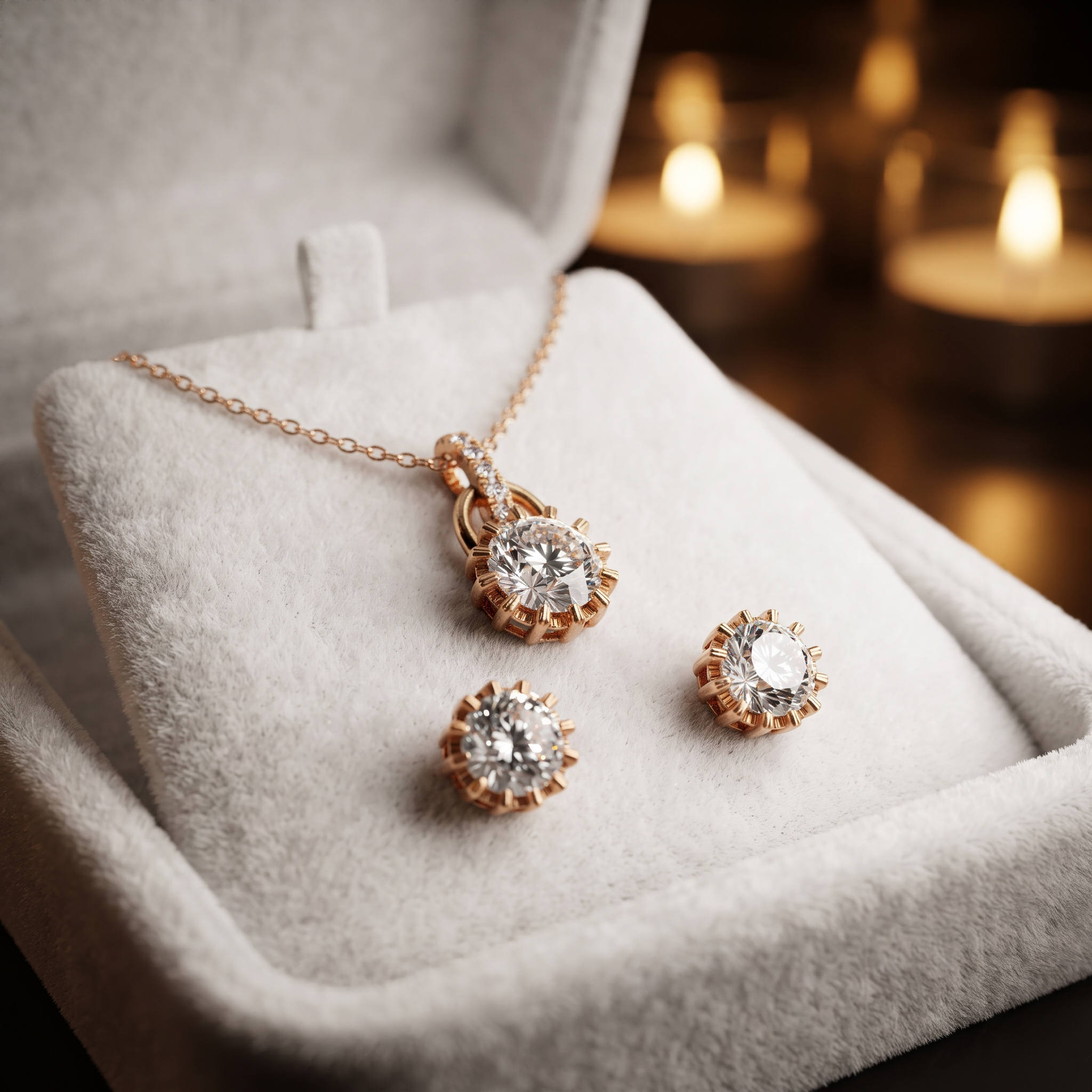 Round Cut Lab Grown Diamond Necklace Earring Set, Crown Pendant, Minimalist Bridal Jewelry