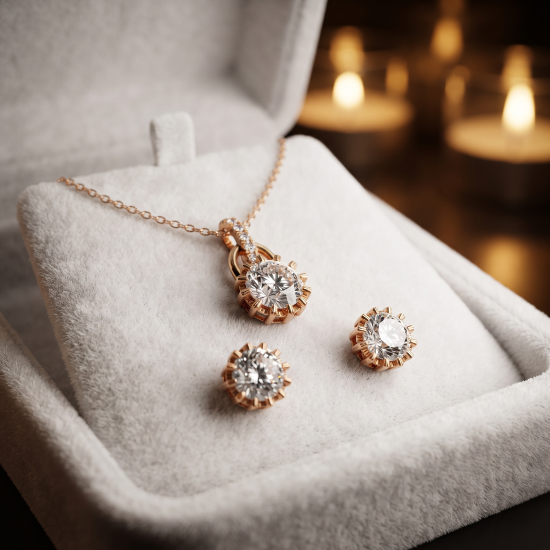 Round Cut Lab Grown Diamond Necklace Earring Set, Crown Pendant, Minimalist Bridal Jewelry