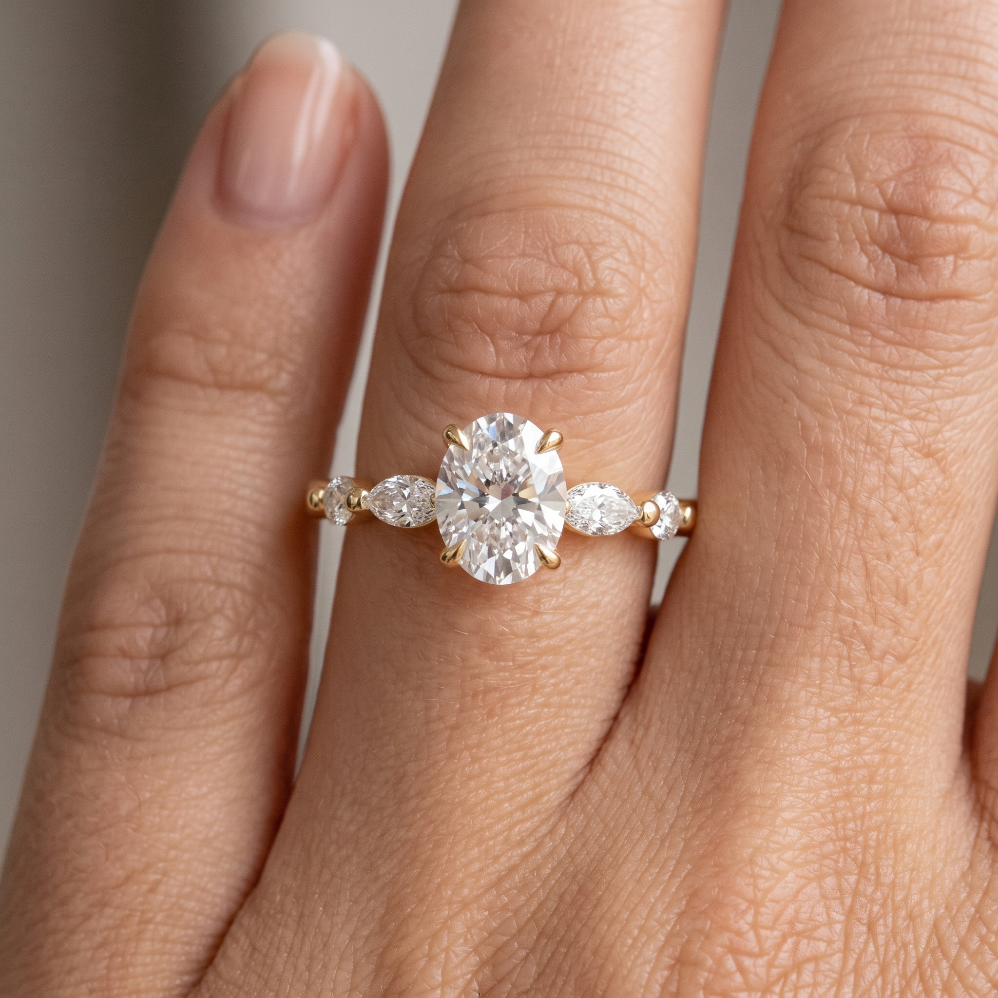 Oval Cut Solitaire Engagement Ring Set | Marquise Beaded Wedding Band (Yellow Gold)