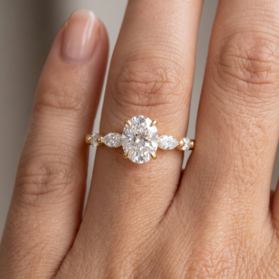 Oval Cut Solitaire Engagement Ring Set | Marquise Beaded Wedding Band (Yellow Gold)