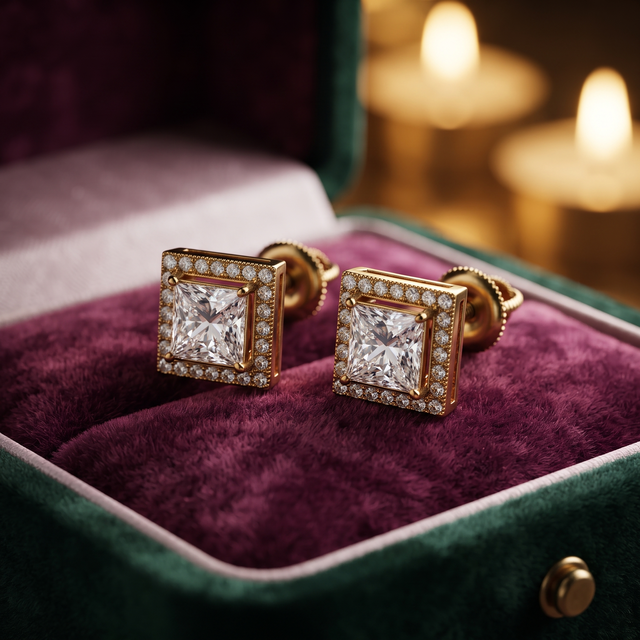 1.00 CT Princess Cut Diamond Halo Stud Earrings