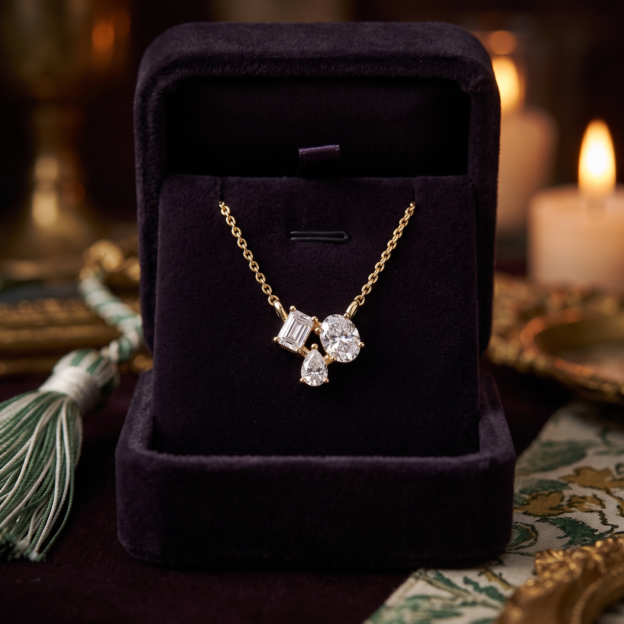 Three Stone Diamond Necklace, Emerald Oval Pear Cut Pendant, Gold Vermeil Chain
