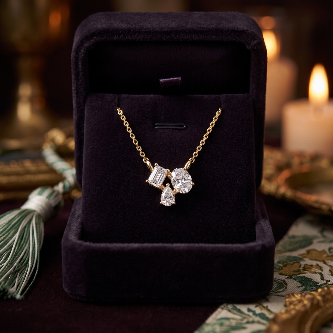 Three Stone Diamond Necklace, Emerald Oval Pear Cut Pendant, Gold Vermeil Chain