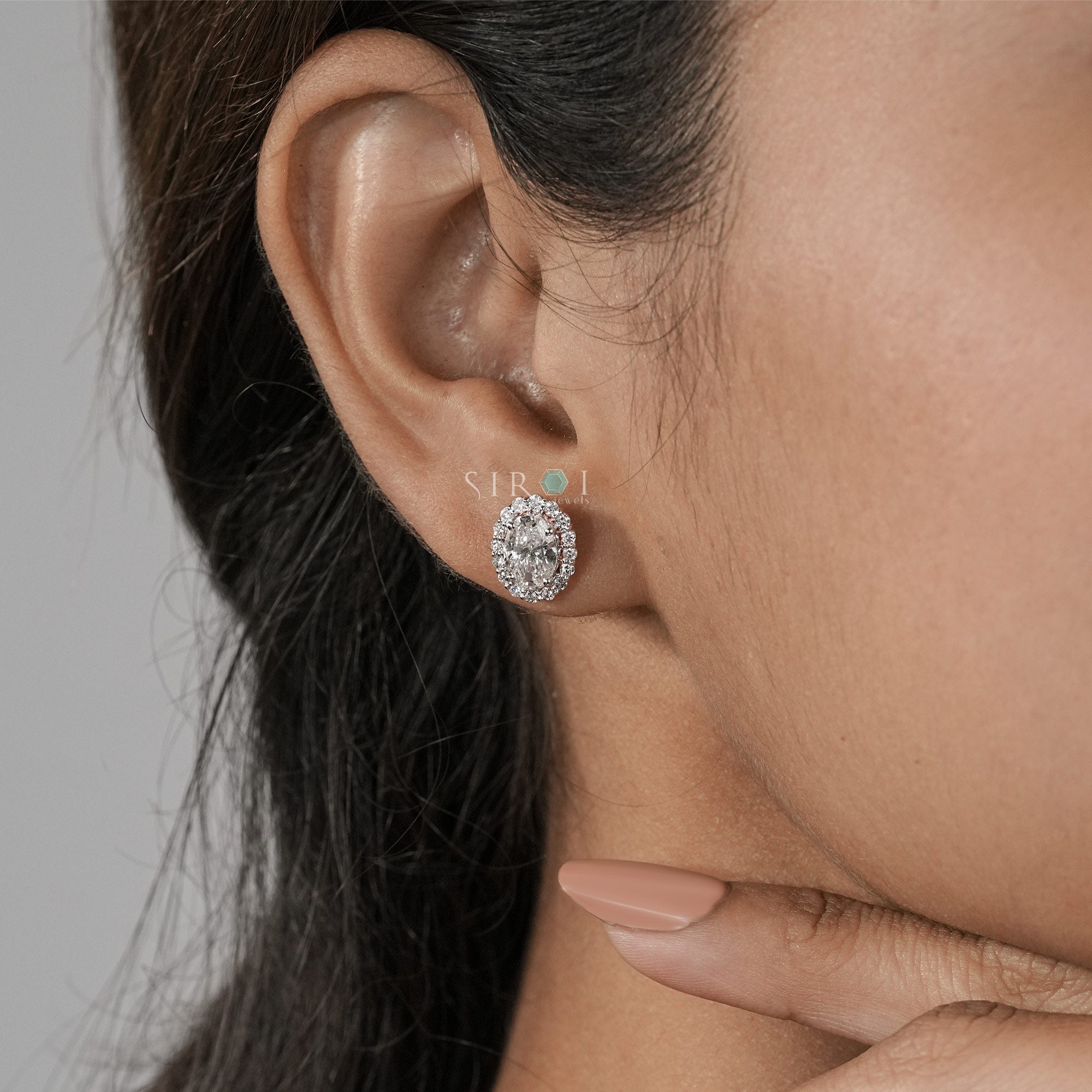 Elegant Oval Diamond Halo Stud Earrings in Two-Tone Gold