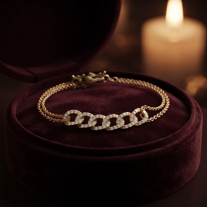 Layered Diamond Link Bracelet, Solid Gold Pave, Minimalist Everyday Jewelry