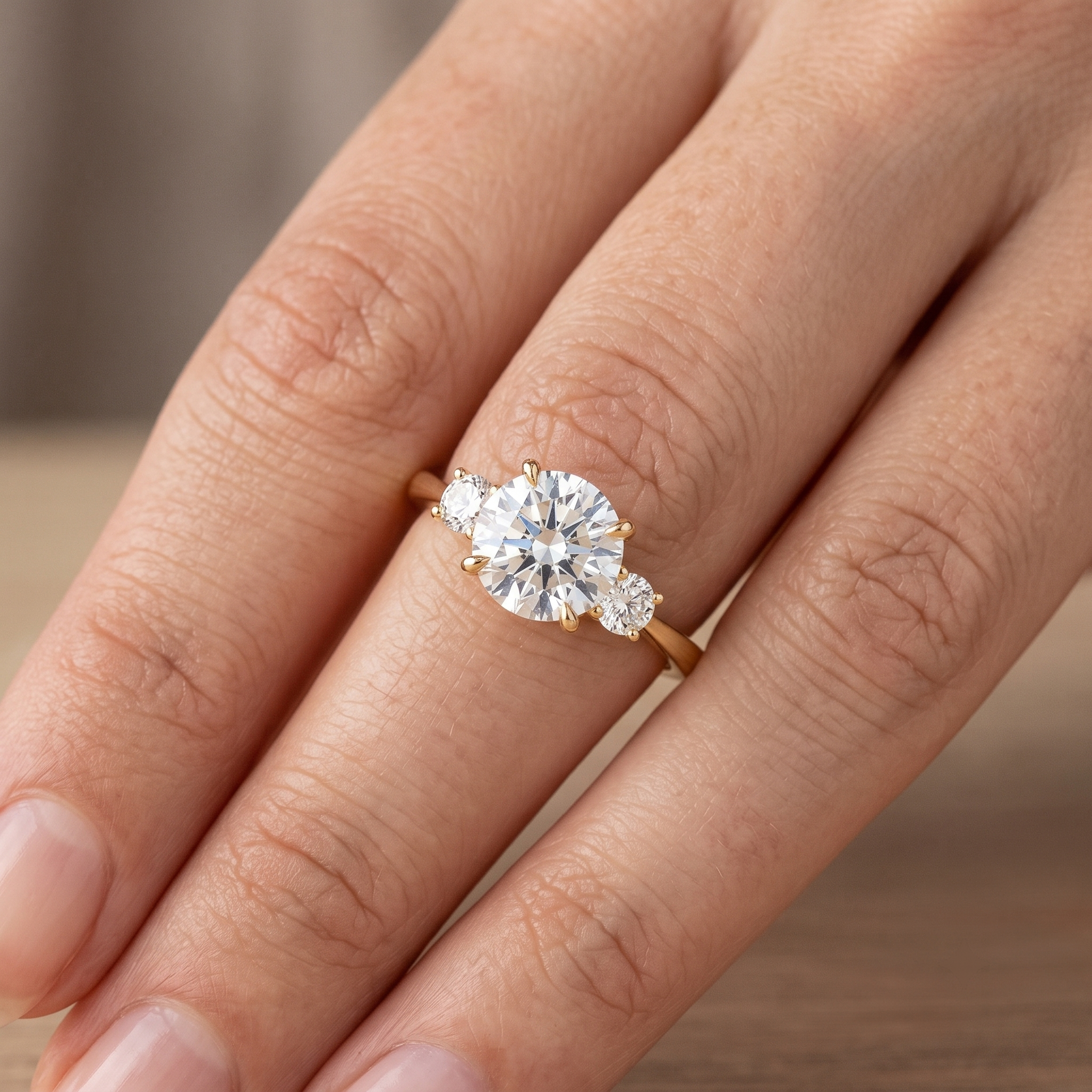 3 Stone Round Diamond Engagement Ring, Curved Matching Band, Minimalist Yellow Gold Bridal Set