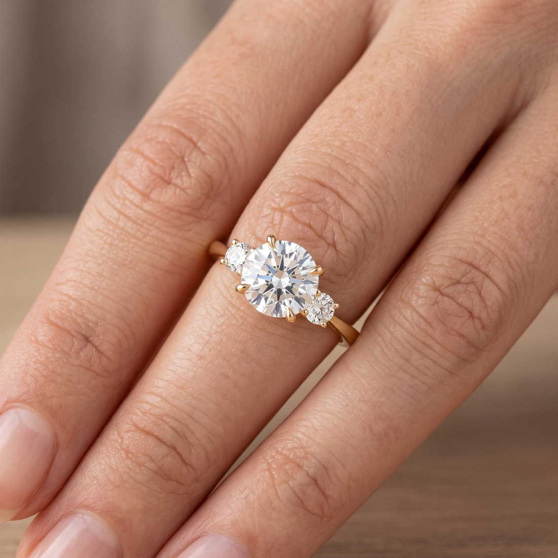 3 Stone Round Diamond Engagement Ring, Curved Matching Band, Minimalist Yellow Gold Bridal Set