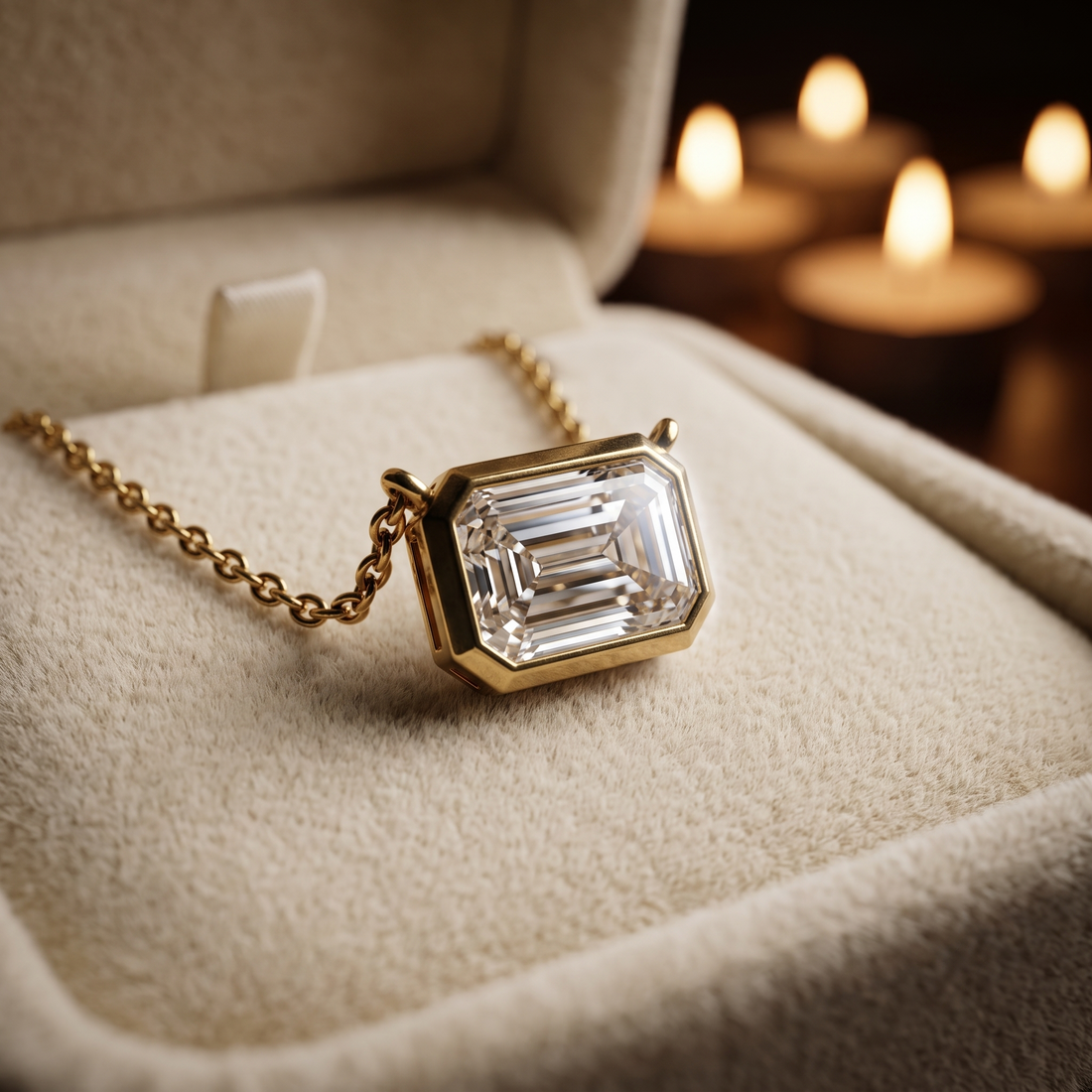 Emerald Cut Lab Grown Diamond Pendant, Bezel Set Necklace, Minimalist Gold Chain