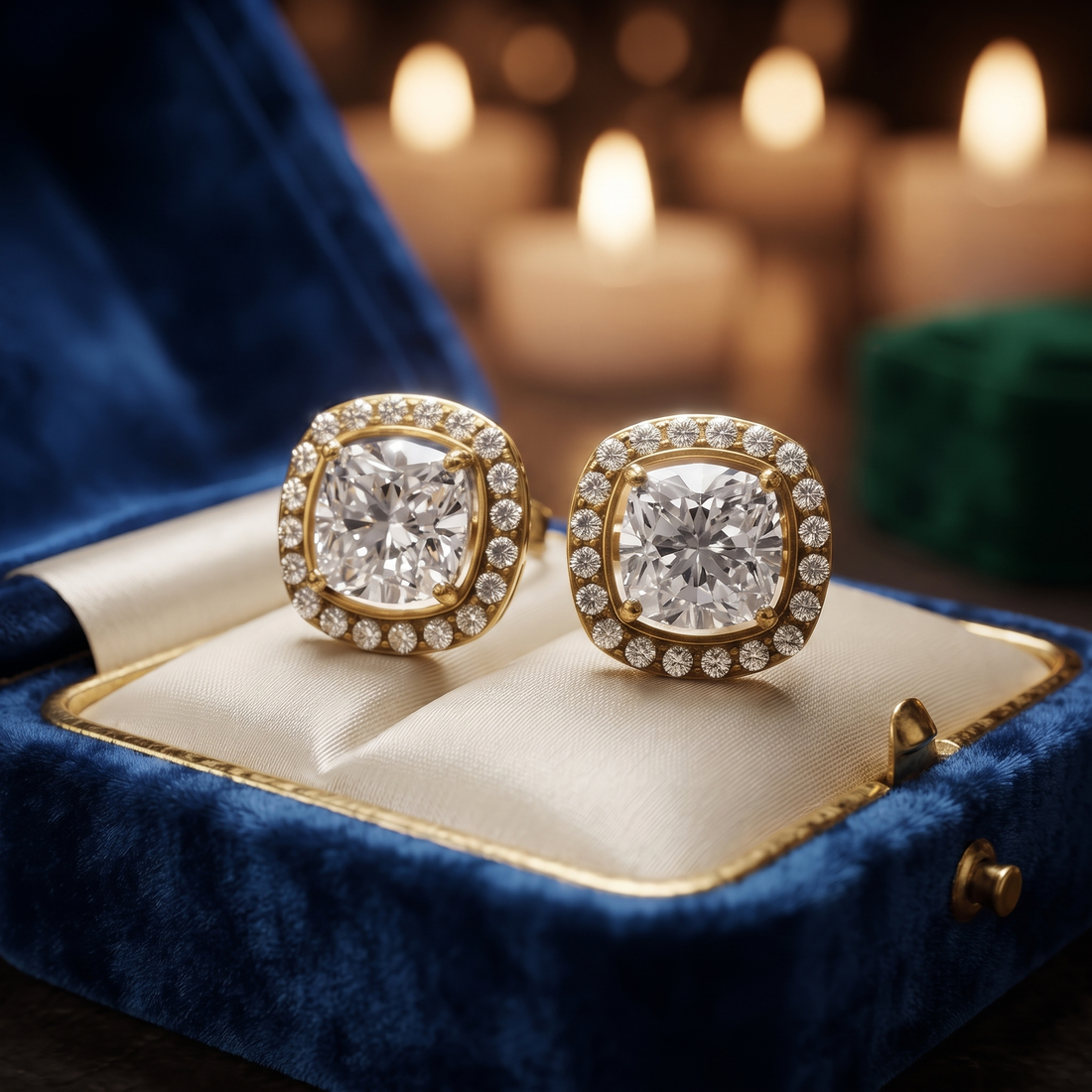 Cushion Cut Diamond Halo Stud Earrings, 10K/14K Rose Gold, Square Halo Design