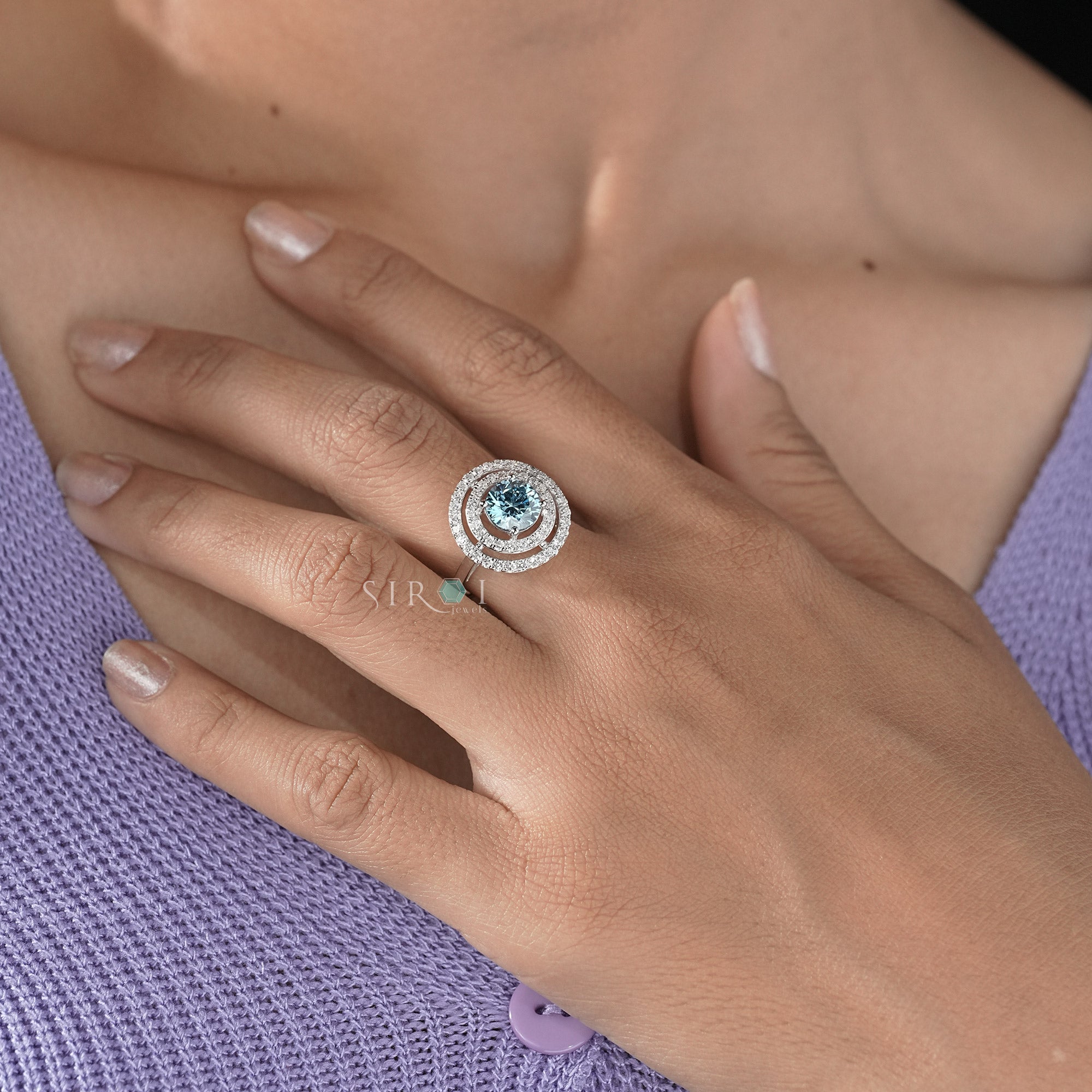Round Cut Aqua Center Stone Ring with Pave Setting