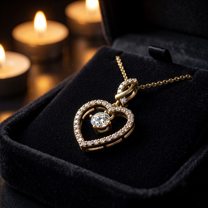 Dancing Diamond Heart Pendant Necklace, Rotating Solitaire, Twist Bail, Gold Jewelry