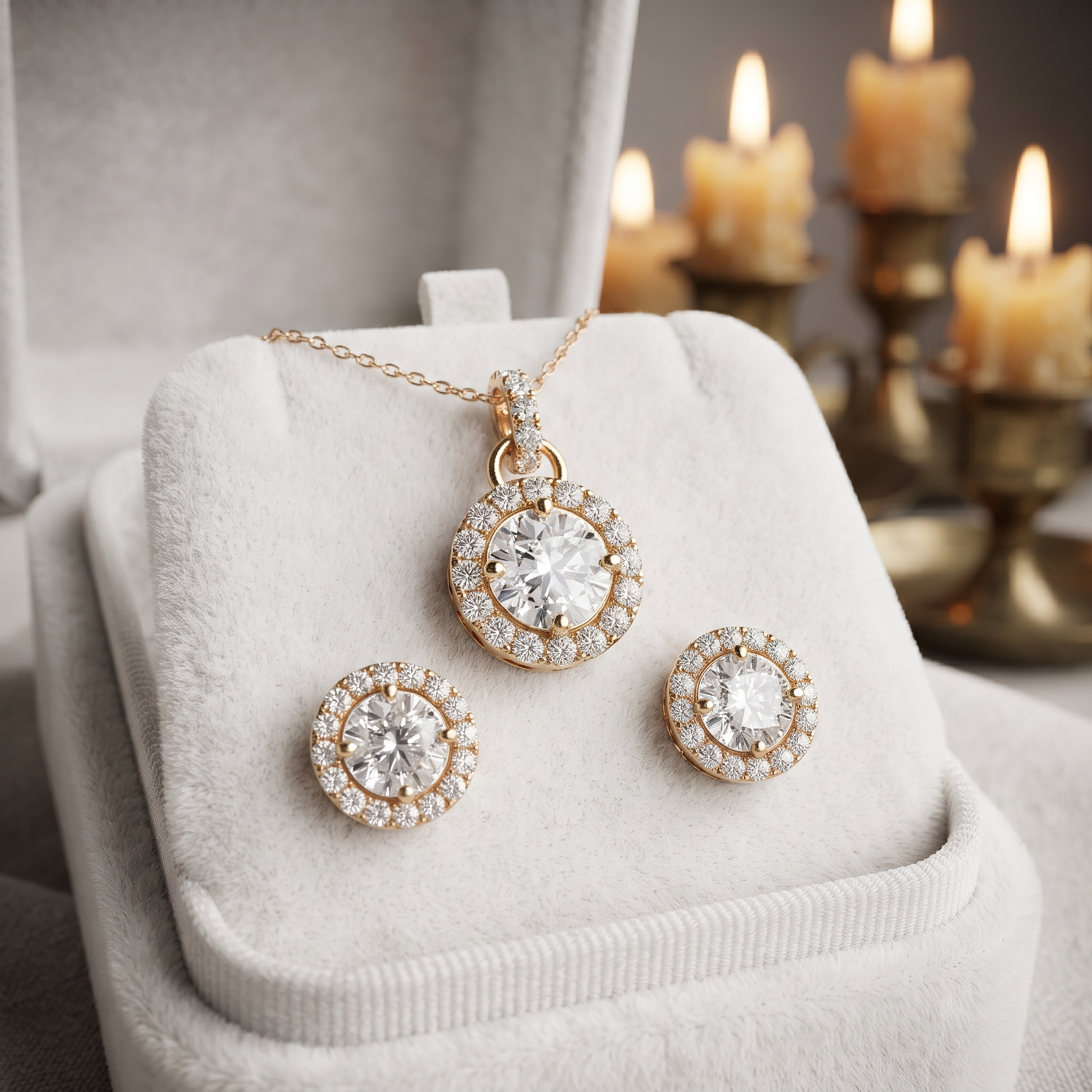 Dainty Halo Necklace Earring Set, Lab Grown Pendant, Anniversary Gift