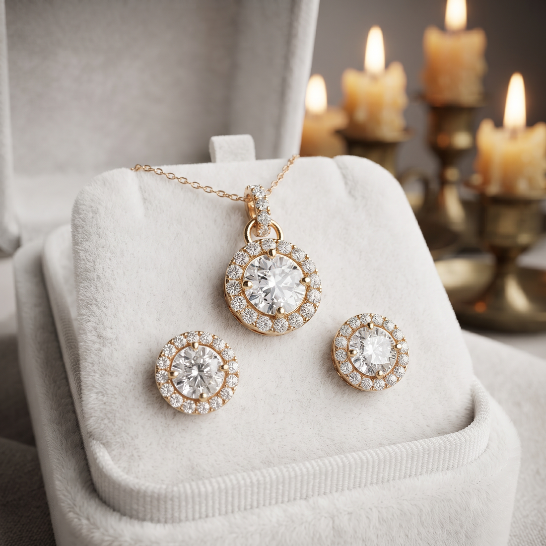 Dainty Halo Necklace Earring Set, Lab Grown Pendant, Anniversary Gift