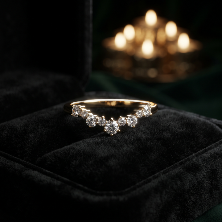 Curved Diamond Wedding Band | V Shape Stacking Ring | Contour Matching Band
