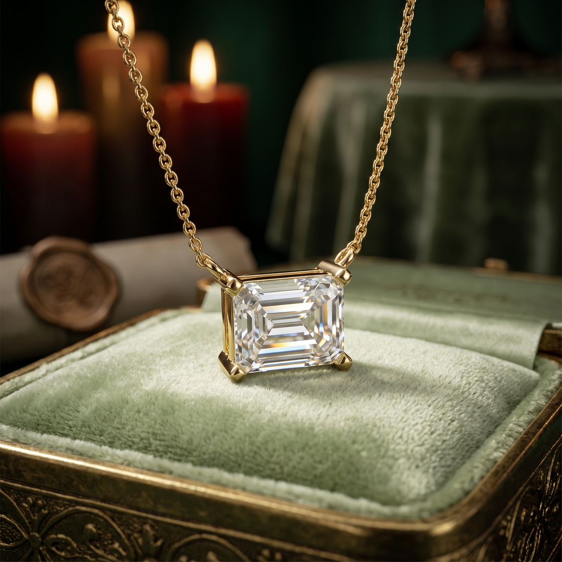 Emerald Cut Solitaire Pendant Necklace, Minimalist Diamond Chain, Modern Architecture Style