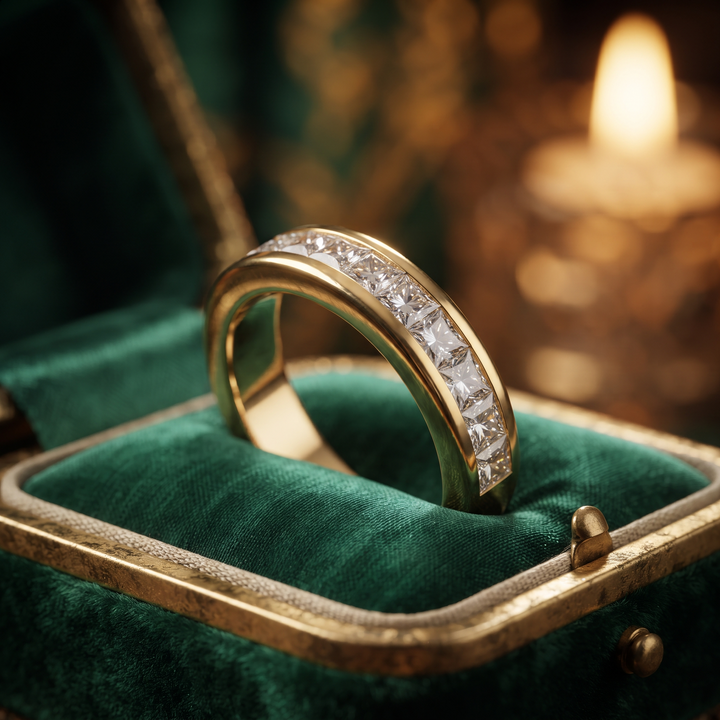 Princess Cut Diamond Channel Set Wedding Band, 9K To 18K Solid Gold Stacker Ring