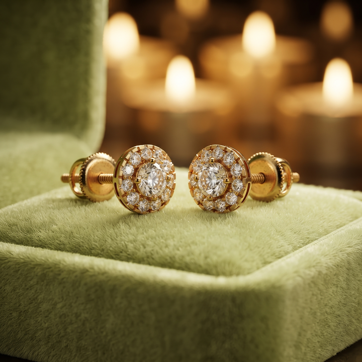 Round Halo Diamond Stud Earrings, 10K, 14K/18K Gold or Silver Studs
