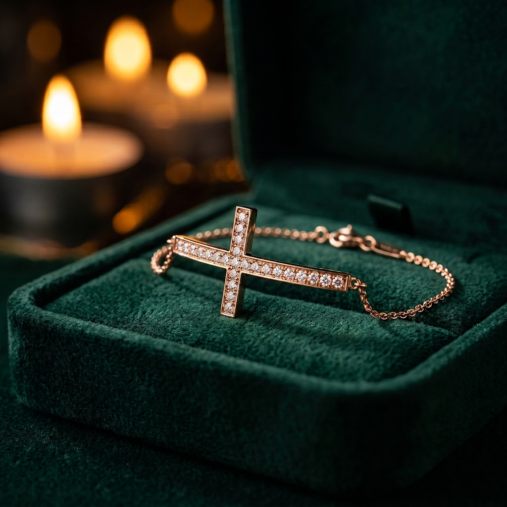 Curved Diamond Cross Chain Bracelet In 9K To 18K Gold Or Sterling Silver