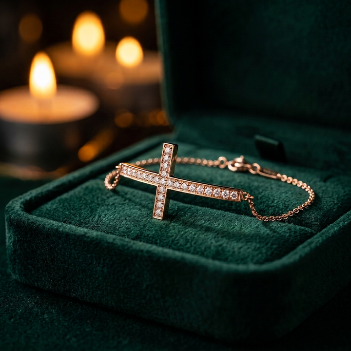 Curved Diamond Cross Chain Bracelet In 9K To 18K Gold Or Sterling Silver
