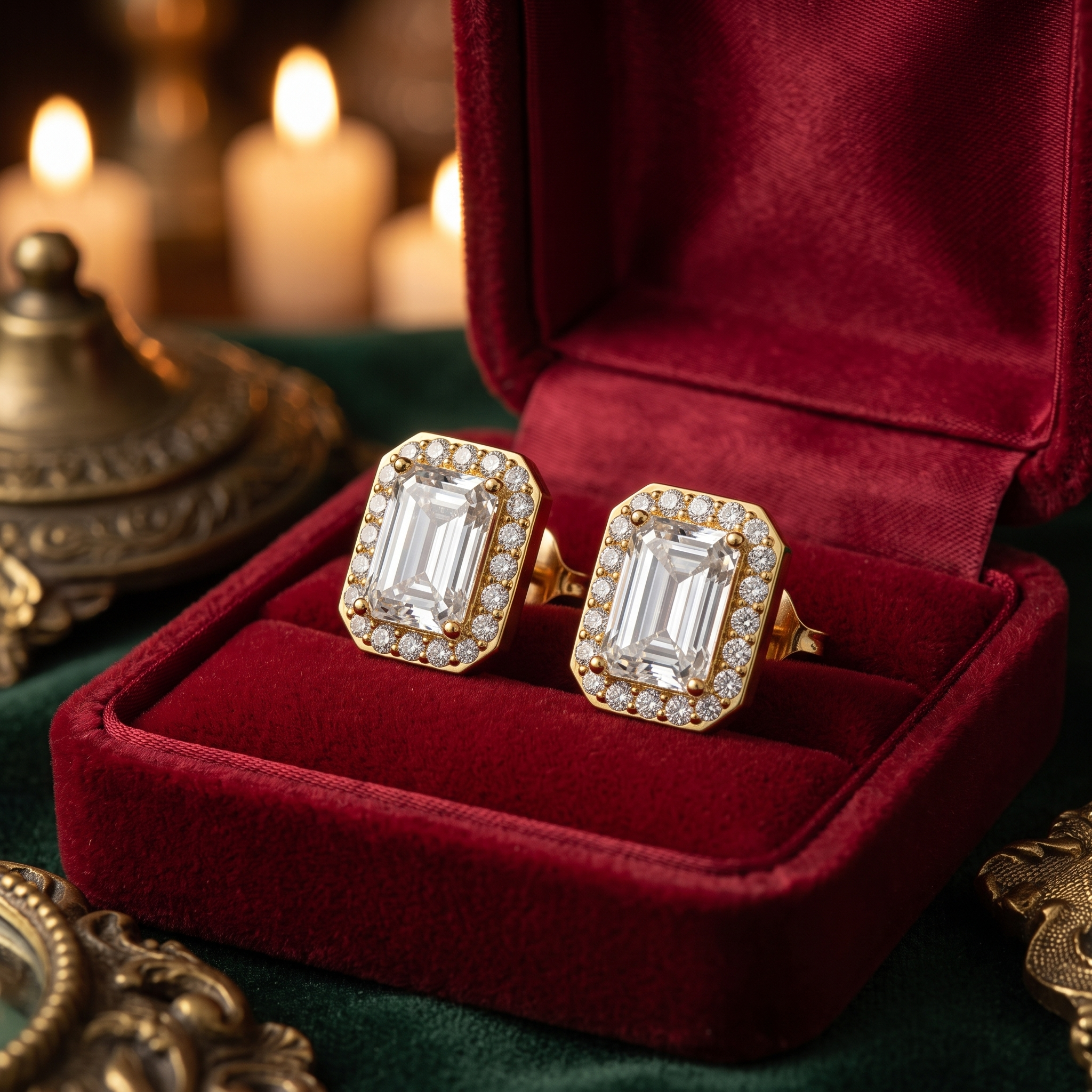 Emerald Cut Diamond Halo Stud Earrings in 9K/14K Gold, Gift for Her