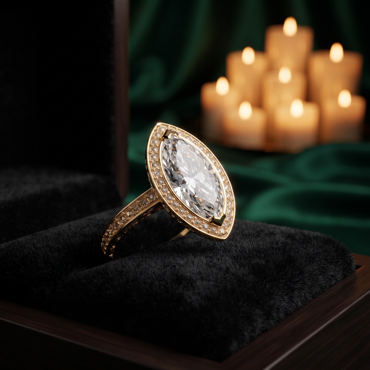 Marquise Cut Halo Engagement Ring with Pave Band