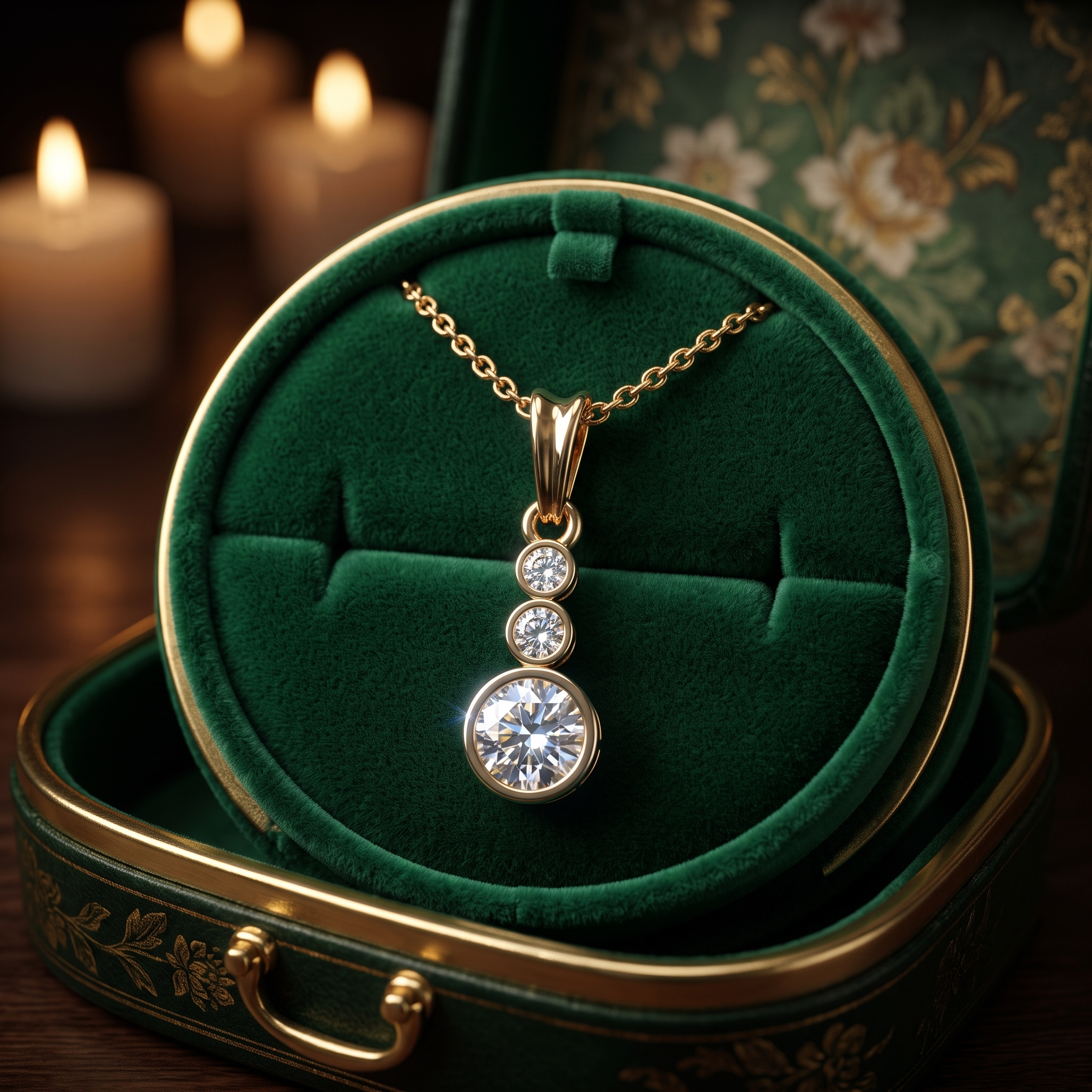 Three-Stone Bezel Diamond Drop Pendant Necklace, Dainty Gold Station, Minimalist Round Pendant