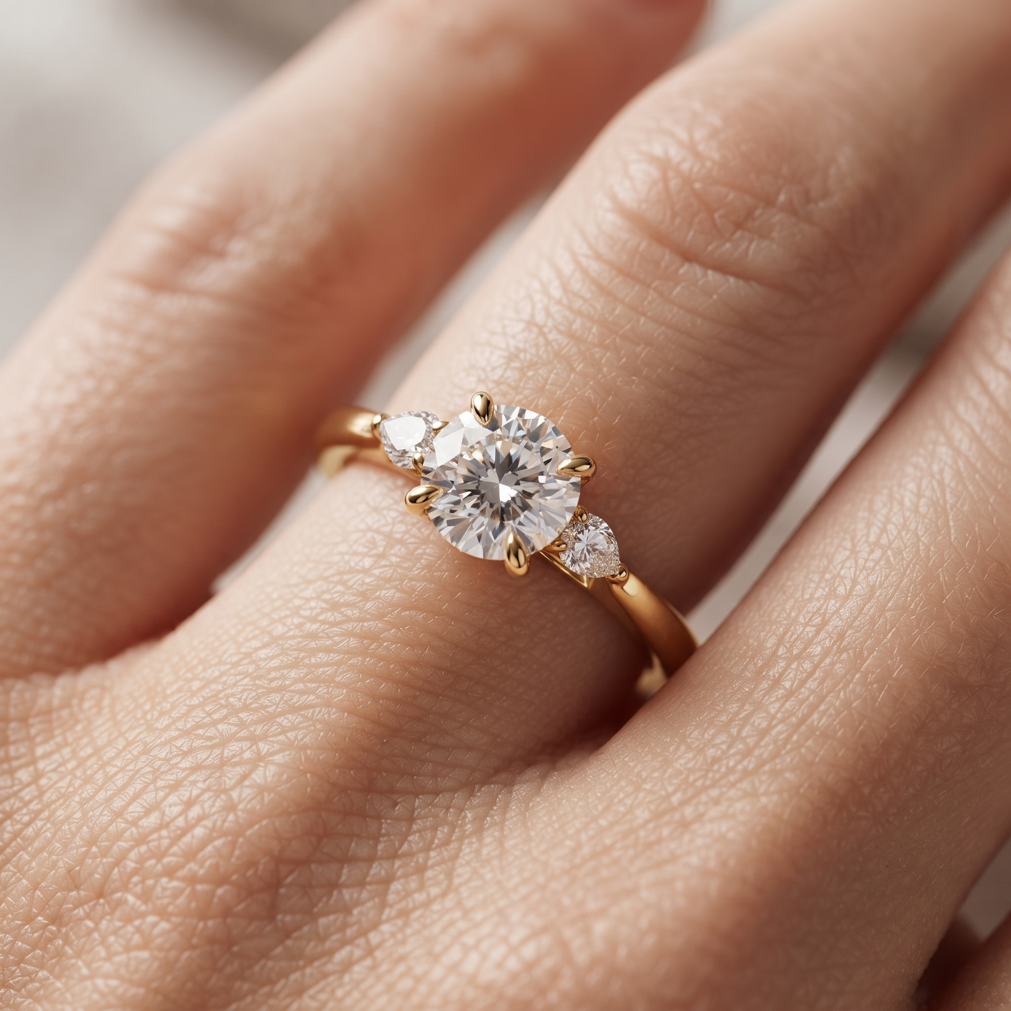 Round Cut Solitaire Engagement Ring & Matching Band Set, Yellow Gold, Milgrain Accents