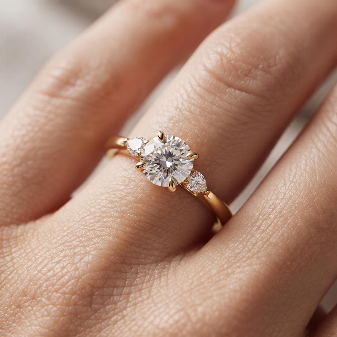 Round Cut Solitaire Engagement Ring & Matching Band Set, Yellow Gold, Milgrain Accents