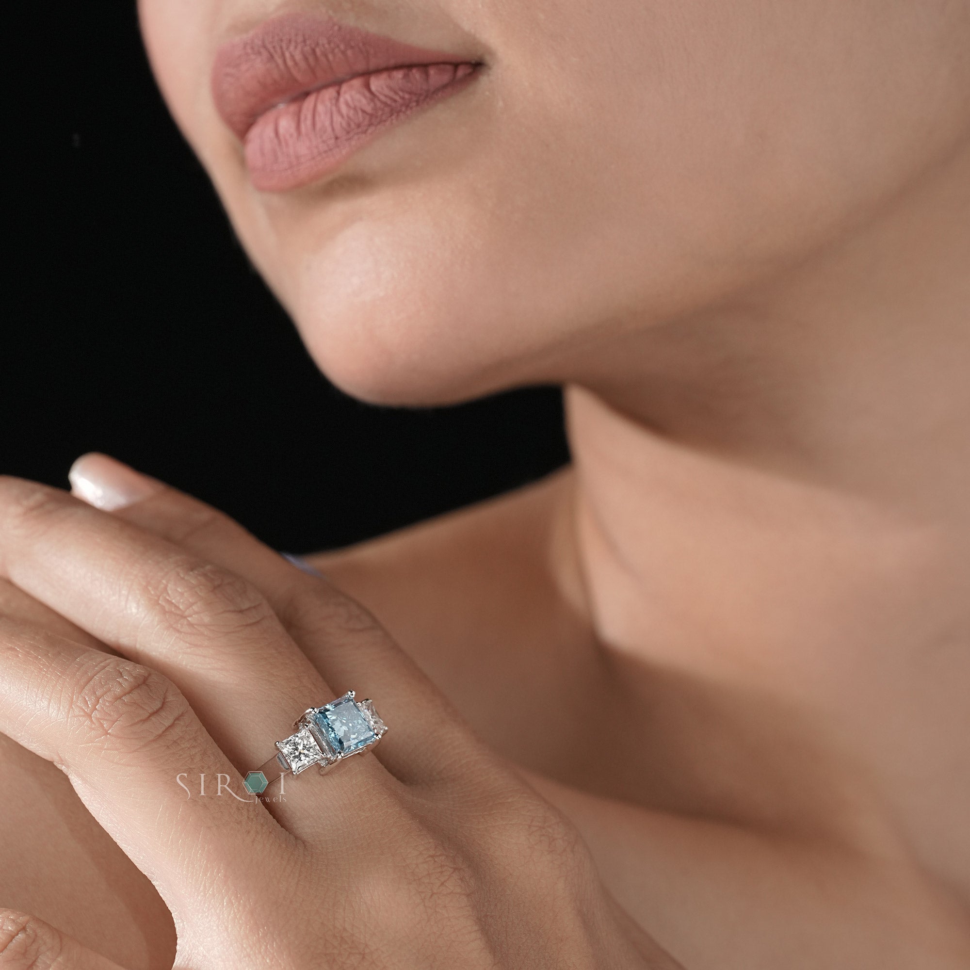 Princess Cut Blue Topaz and Diamond Three-Stone Engagement Ring in White Gold