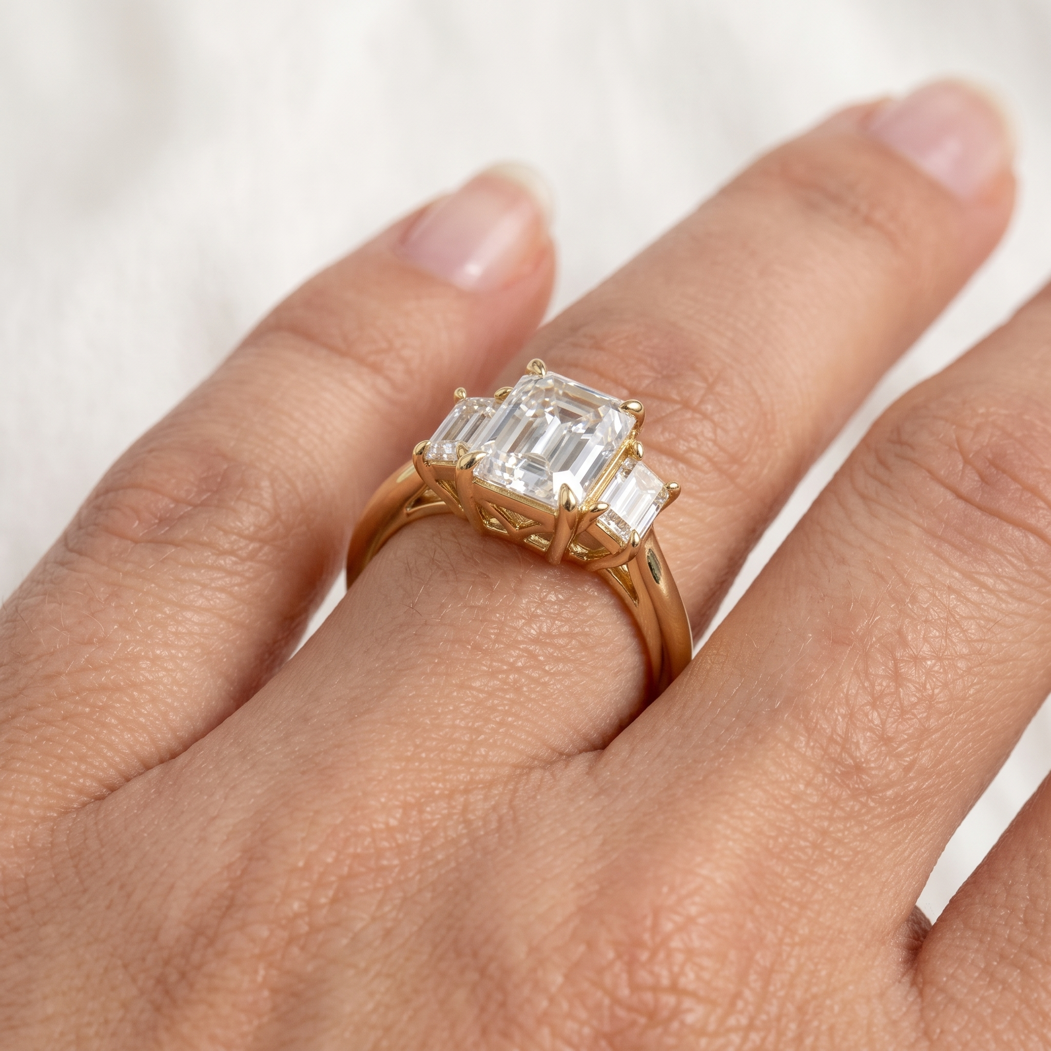 Emerald Cut Three Stone Engagement Ring, Lab Grown Diamond, Solid Gold (9K-18K)