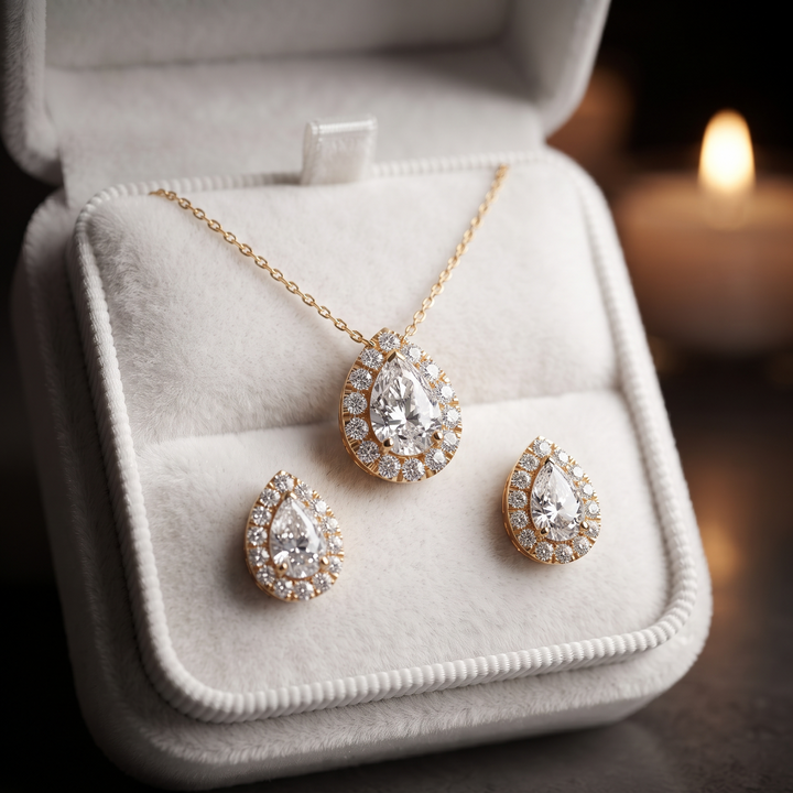 Pear Halo Diamond Necklace Earrings Set, Teardrop Pendant Jewelry, Bridal Gift